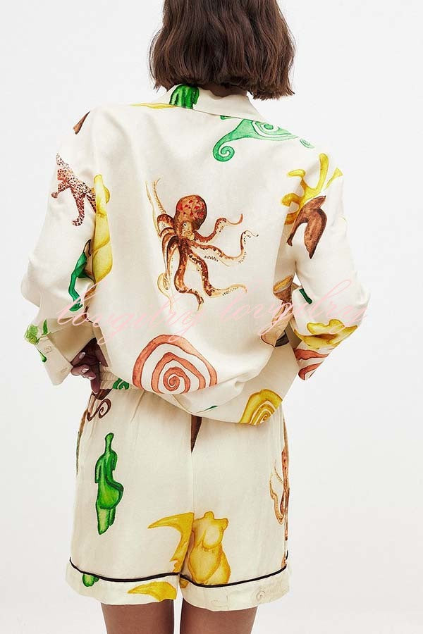 Fun Resort Linen Blend Unique Print Long Sleeve Shirt and Elastic Waist Pocket Shorts Set