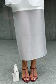 Simple and Light See-through Fabric Mid Rise Pencil Slit Midi Skirt