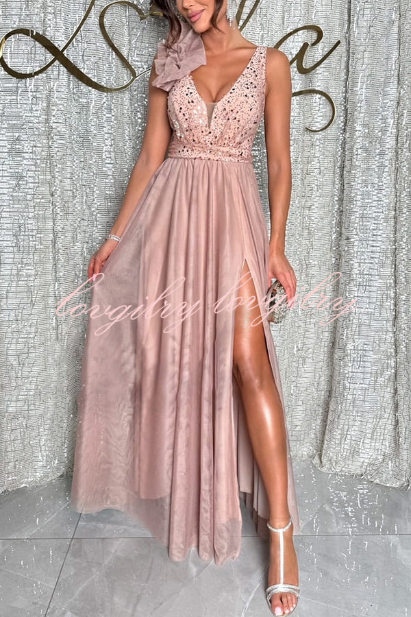 Everlasting Party Sequin Tulle Ruffles Shoulder Design Slit Maxi Dress