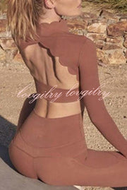 Open Back Petal Trim Long Sleeve Yoga Sports Crop Top