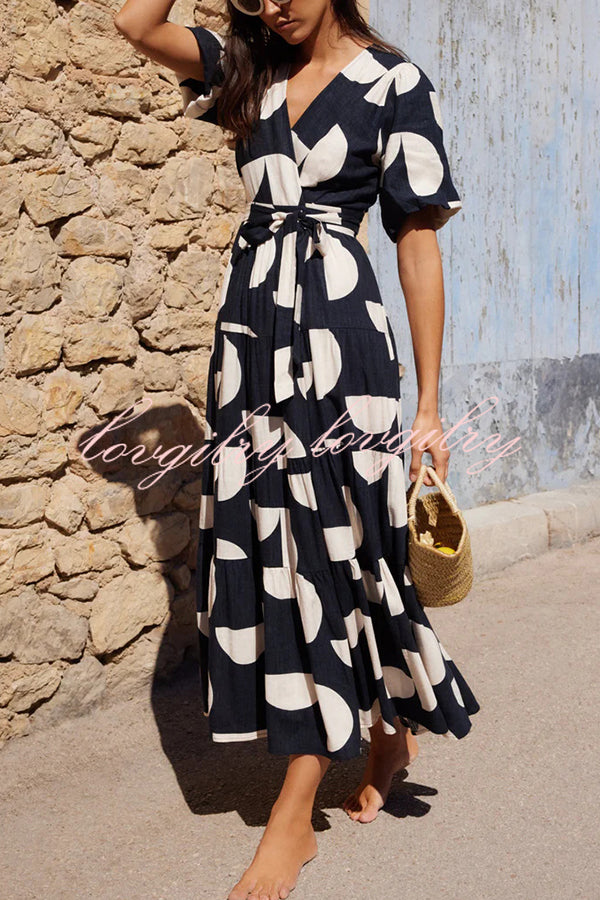 Unique Printed V-neck Puff Sleeves Tie Waist Midi Dress