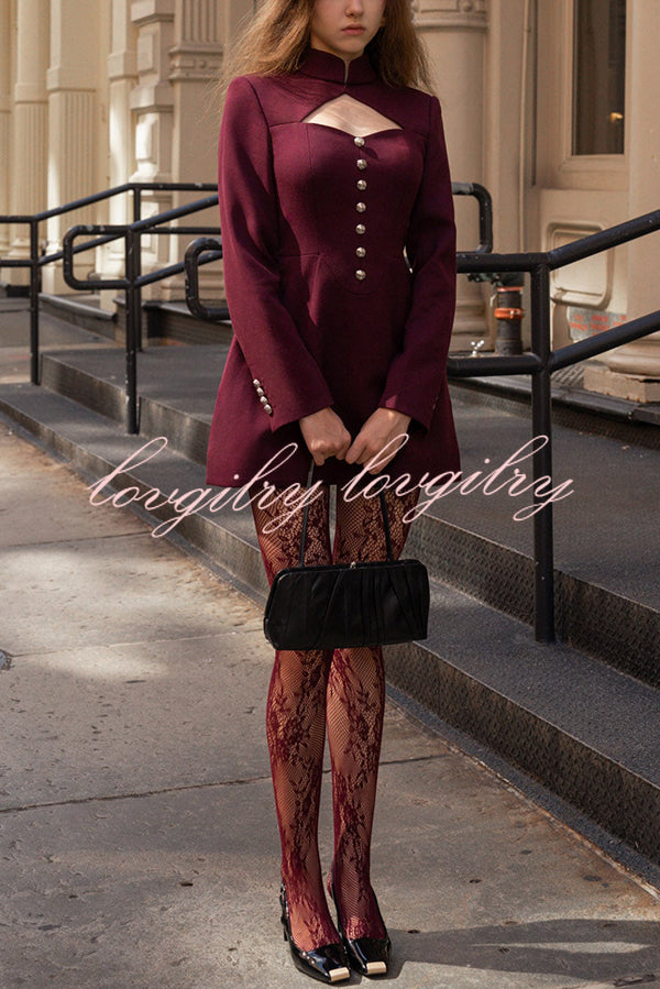 Elegant Long-sleeved Hollowed-out Button-down Slim-fit Mini Dress