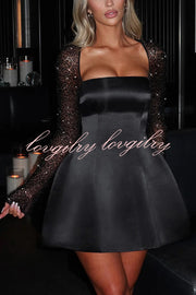 Like A Doll Sequin Long Sleeve Satin Pocketed Bubble Shape Mini Dress