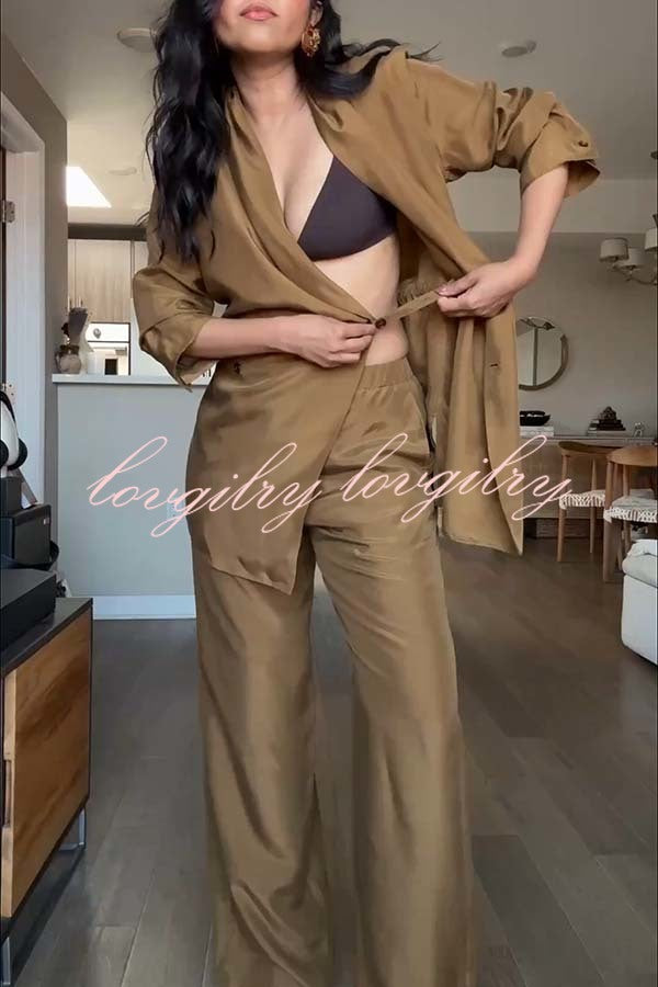 Bella Satin Drape Collar Single Button Casual Blazer and Elastic Waist Pocket Loose Pants Set
