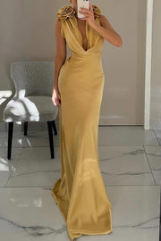 Getting Pretty Satin Flower Decoration Cowl Neck Party Maxi Dress