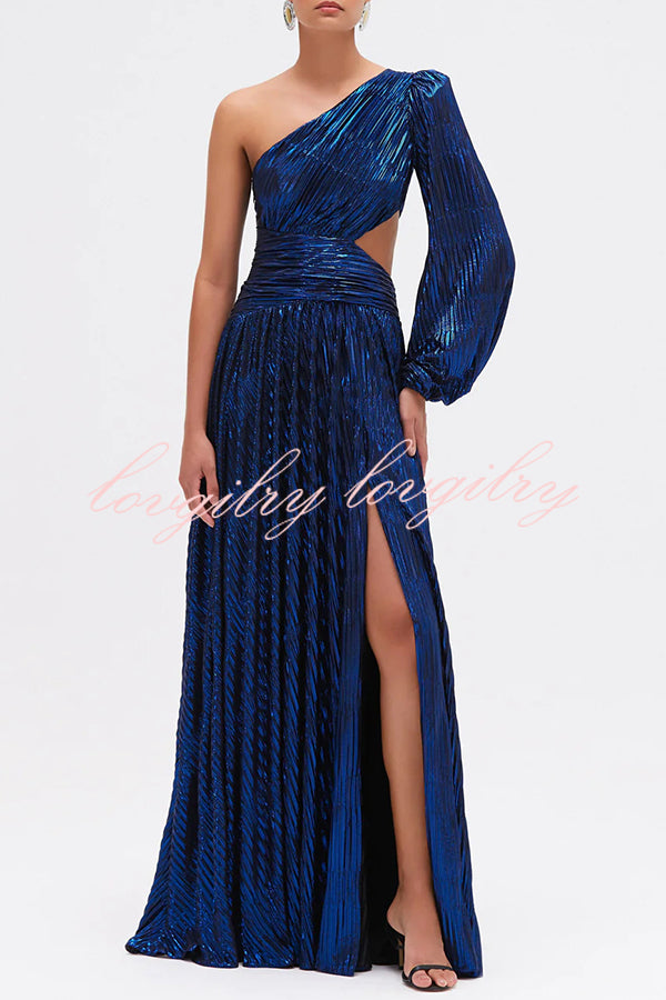 Dazzling Night Metallic Pleated One Shoulder Cutout Balloon Sleeve Gown Maxi Dress