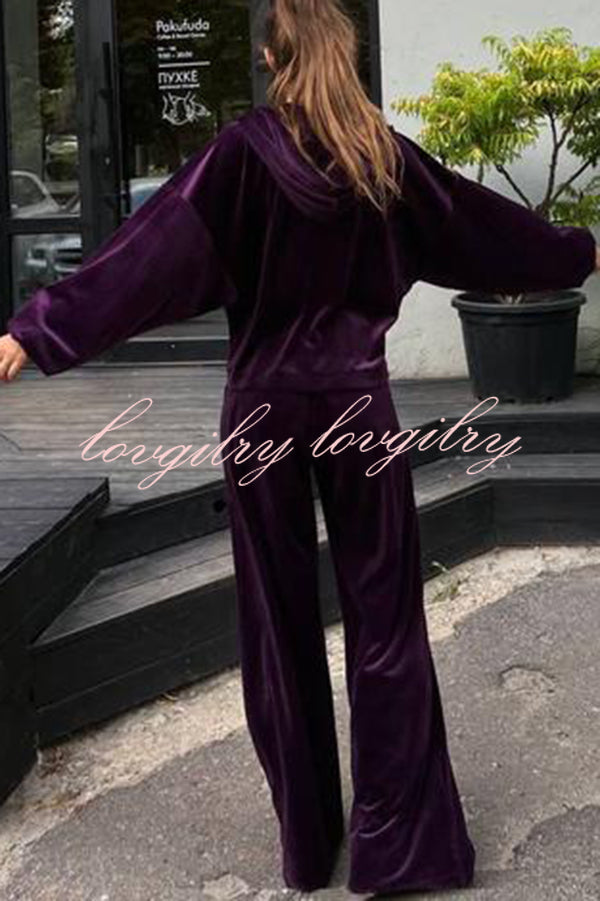 Velvet Casual Zip-up Hooded Top and Elastic Waist Wide Leg Pants Set