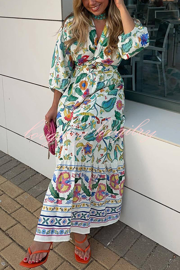 Botanical Floral Print V-neck Cutout Lace-up Elastic Waist Maxi Dress