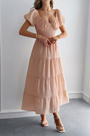Solid Color V-neck Puff Sleeve Casual Holiday Style Midi Dress