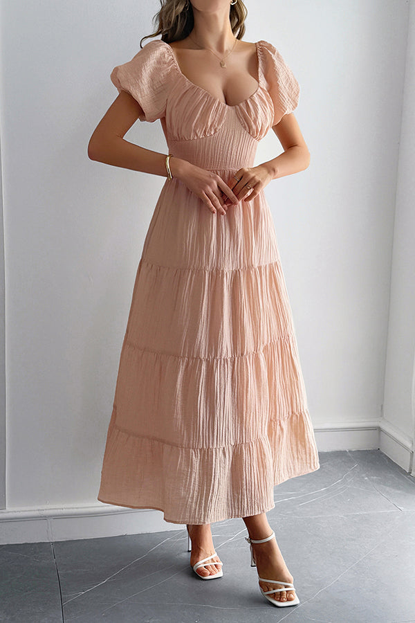 Solid Color V-neck Puff Sleeve Casual Holiday Style Midi Dress