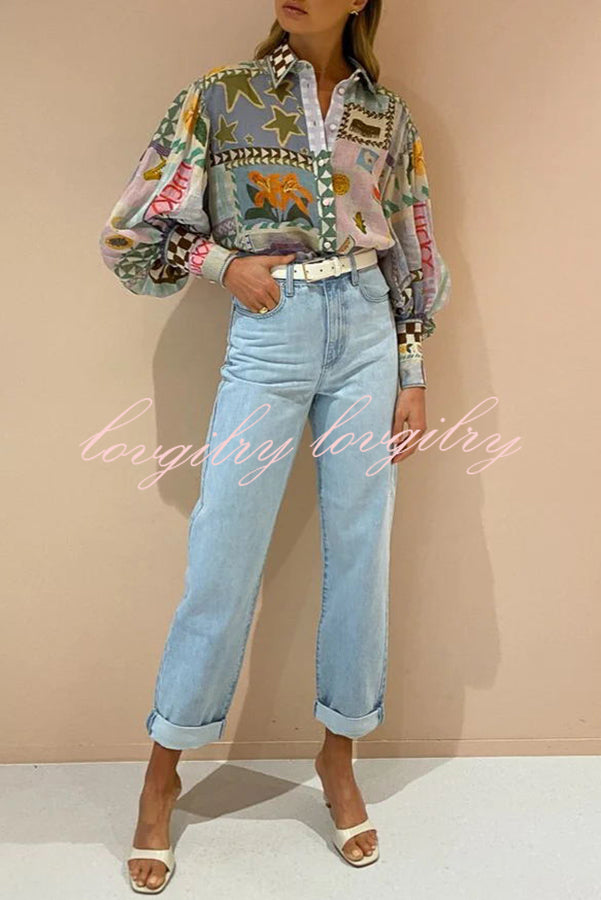 Fun and Nostalgic Unique Print Balloon Sleeve Button Loose Shirt