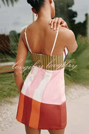 Susane Linen Blend Color Block Print Adjustable Shoulder Strap Mini Dress