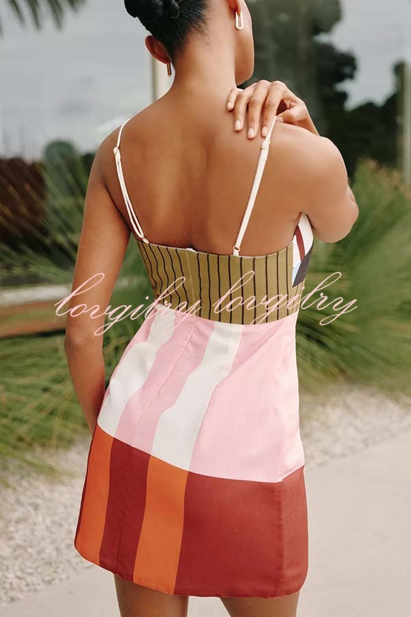 Susane Linen Blend Color Block Print Adjustable Shoulder Strap Mini Dress