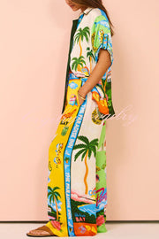 Kissed By The Sun Satin Unique Print Colorblock Elastic Waist Pocketed Wide Leg Pants