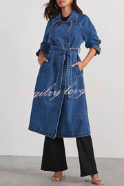 Solid Color Denim Double Pocket Button Down Midi Trench Coat