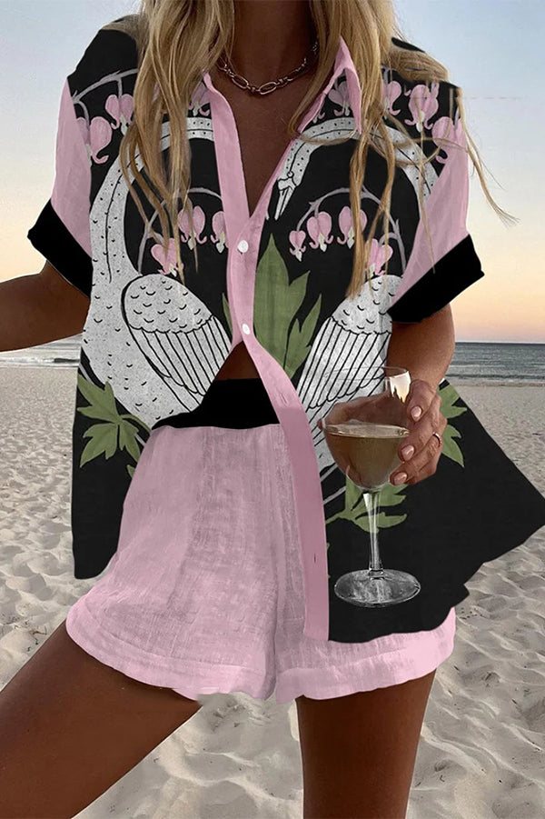 Pink Swan Print Loose Buttoned Elastic Waist Shorts Set