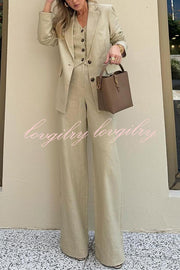 Solid Color Lapel Blazer + Slim Waistcoat and Pocket Wide-leg Pants Three-piece Set