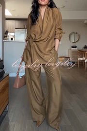 Bella Satin Drape Collar Single Button Casual Blazer and Elastic Waist Pocket Loose Pants Set