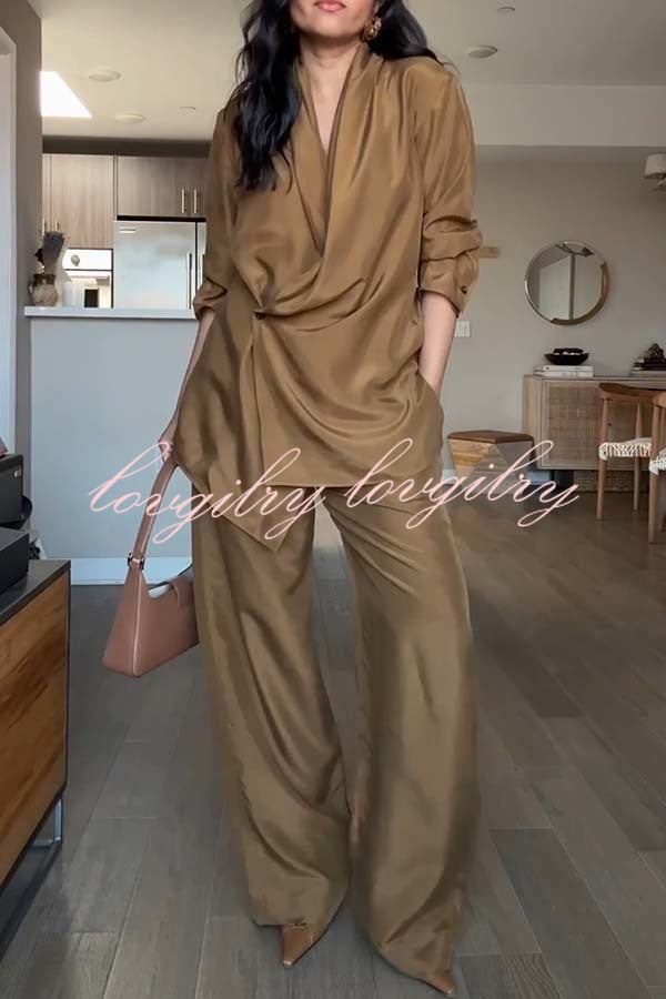 Bella Satin Drape Collar Single Button Casual Blazer and Elastic Waist Pocket Loose Pants Set