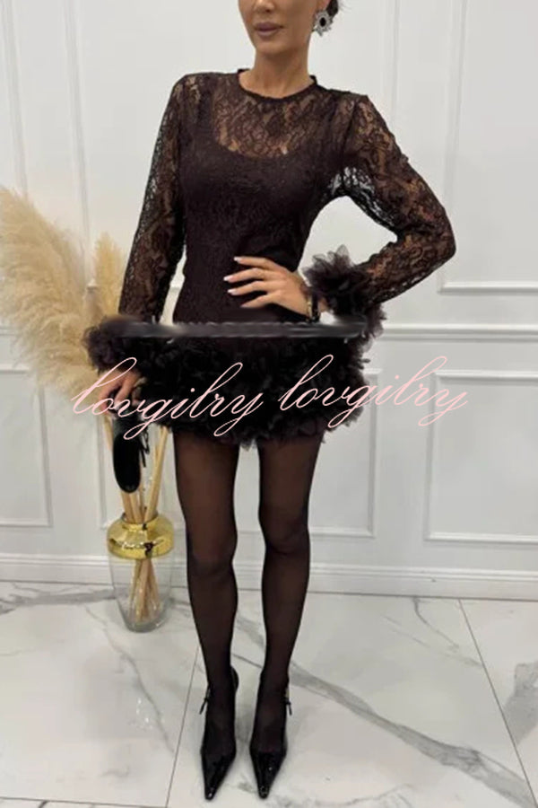 Alyssa Lace Fabric Tulle Layered Petals Trim Long Sleeve Mini Dress