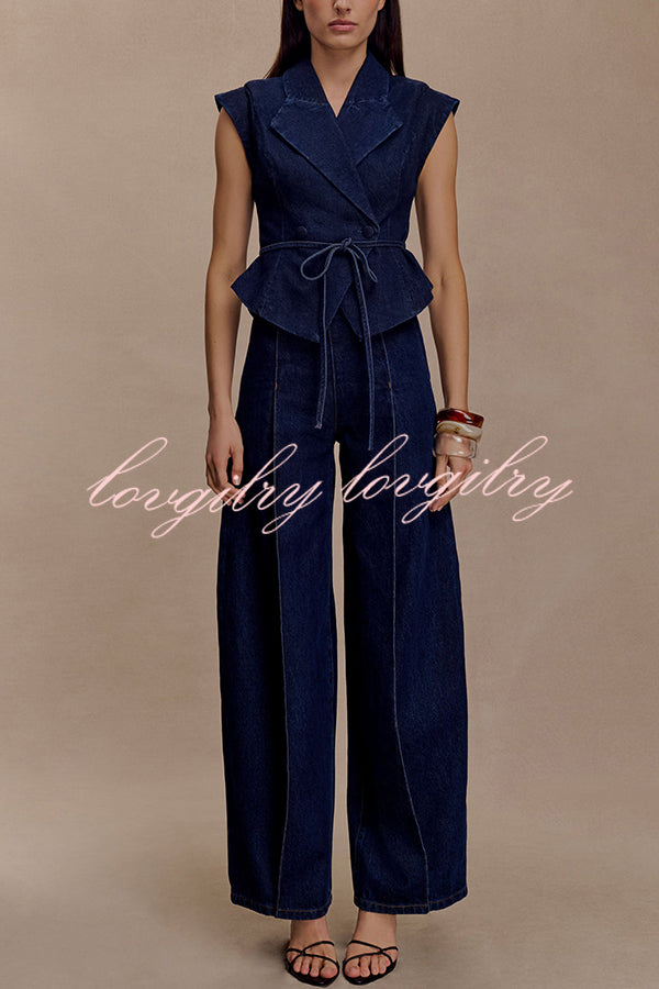 Charley Denim Button Up Cap Short Sleeve Structured Tie-up Lapel Top