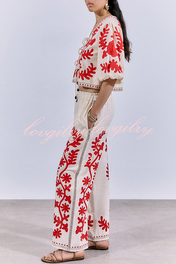 Till Sunset Linen Blend Unique Print Lace-up Puff Sleeve Shirt