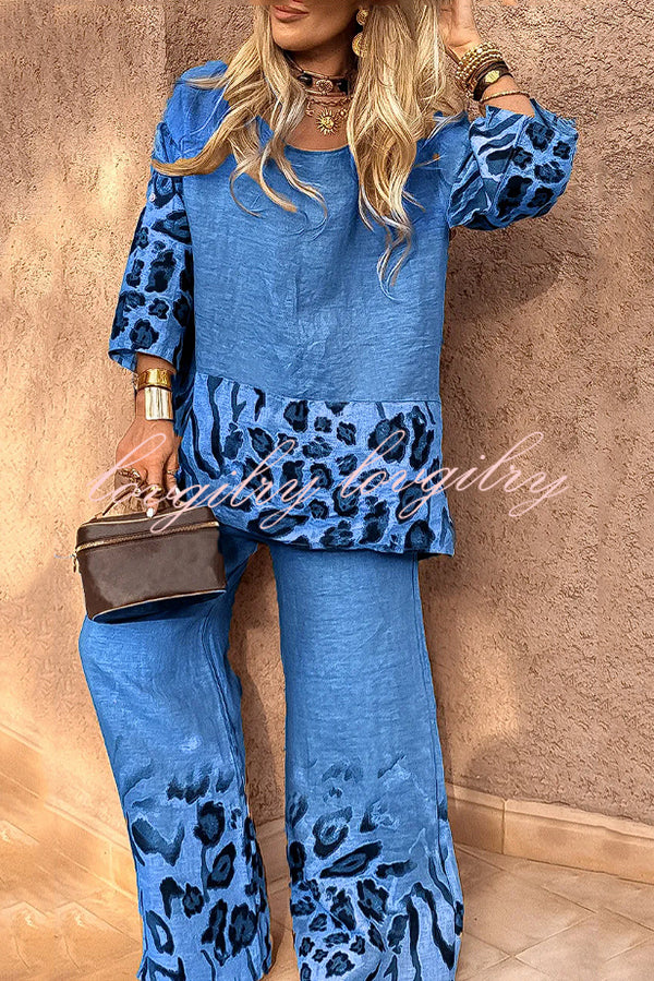 Leopard Print Crew Neck Loose Top and Elastic Waist Casual Wide-leg Pants Set