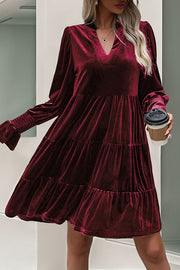 Solid Color Velvet V-Neck Long Sleeve Elegant Loose Mini Dress