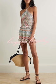 Juney Knit Colorful Zigzag Pattern Halter Neck Slit Wide Leg Loose Romper