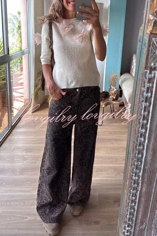 Alboran Knit Organza Flowers Detail Short Sleeve Loose Sweater