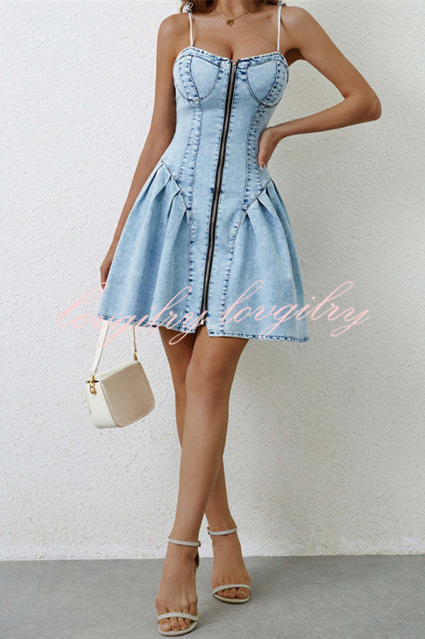 Fashionable Patchwork Suspender Zipper Slim Denim Mini Dress