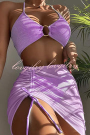 Commuting Style Suspender Pleated Hoop Three Pieces Swimsuit Set