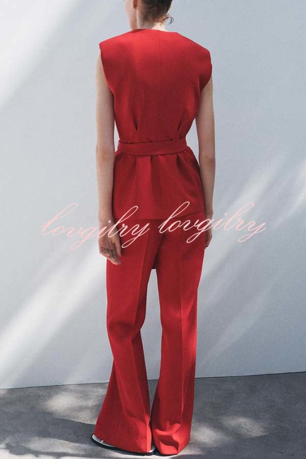 Keep It Classic V-neck Belted Vest and Mid Rise Pocket Wide Leg Pants Set