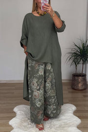 Linen Blend Crew Neck Long Sleeve Irregular Loose Top and Elastic Waist Floral Print Casual Pocket Set