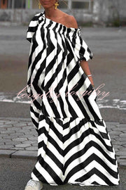 Exquisite Striped Patchwork Bell Sleeve Pocket Maxi Dress