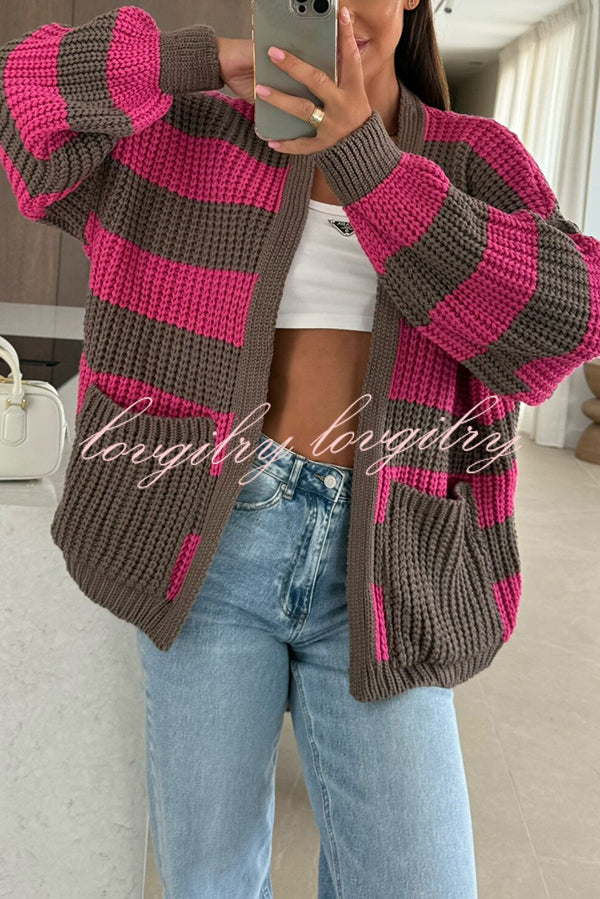 Fashionable Patchwork Striped Casual Pocket Knitted Sweater