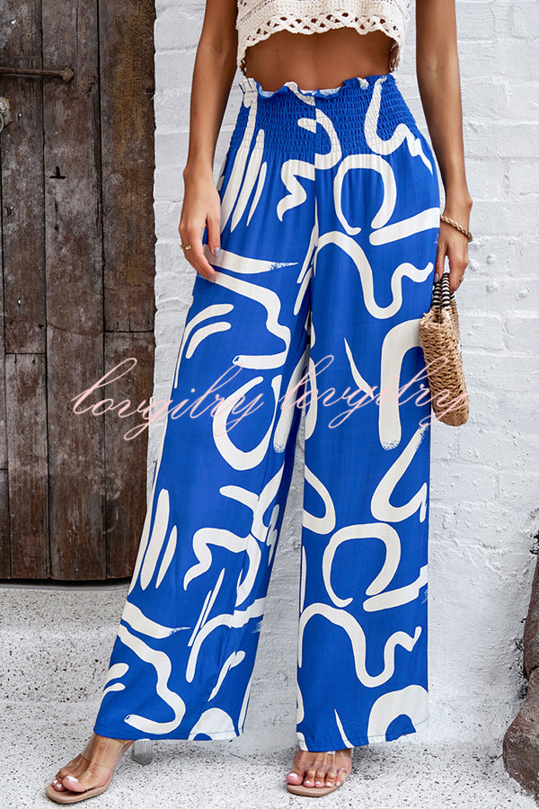 Uniquely Printed Ruffled Elastic Waist Pocket Pleated Wide Leg Pants