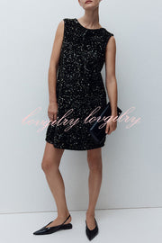 Glam Season Velvet Sequin Back Oversized Bow Design Sleeveless Loose Mini Dress