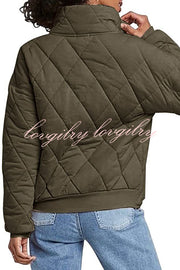 Solid Diamond Quilted Pocket Button Long Sleeve Coat