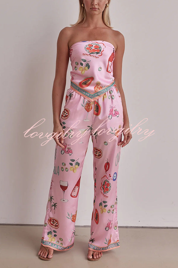 Linen Blend Unique Printed Bandeau Top and Elastic Waist Pocket Pants Set