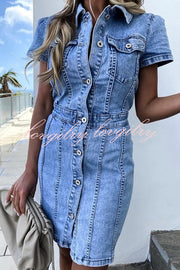 High Waist Single Breasted Denim Mini Dress