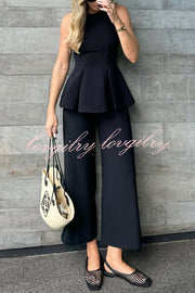 Solid Color Round Neck Sleeveless Casual Top and Loose Straight Pants Set