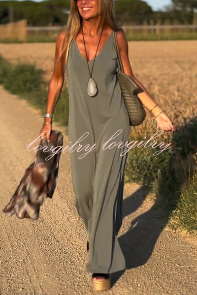 Solid Color V-neck Sleeveless Casual Loose Maxi Dress