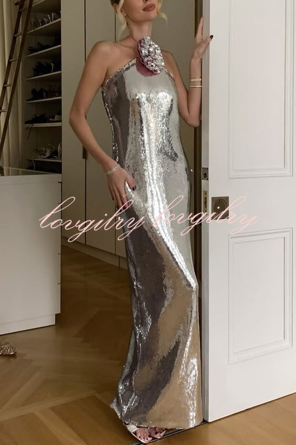 Moonlit Blooms Sequin Floral-appliqué Halter Neck Slit Gown Maxi Dress