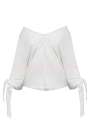 Joyful Bond Linen Blend V-neck Knotted Cuff Half Sleeve Loose Top