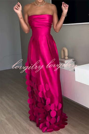 Luxurious Poise Satin Spliced mesh Polka-dot Fabric Off Shoulder Formal Maxi Dress