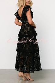 Lace V-neck Ruffled Sleeves Cinched Waist Maxi Dress