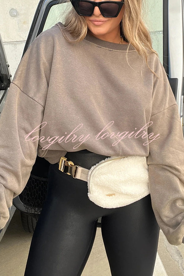 Solid Color V-neck Long-sleeved Loose Casual Sweatshirt