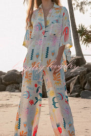 Abstract Sea Creature Print Button Pockets Elastic Waist Pant Suit