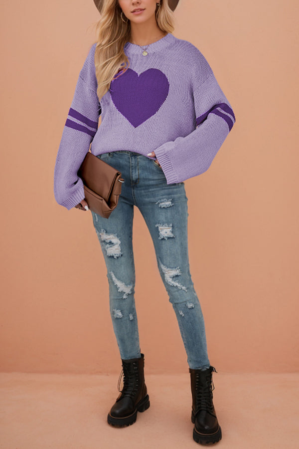 Fashionable Heart-shaped Jacquard Long-sleeved Loose Knit Sweater